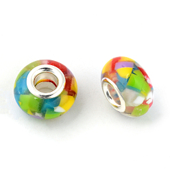 Colorful Resin European Beads, Large Hole Beads, with Platinum Tone Brass Double Cores, Rondelle, Colorful, 14x9mm, Hole: 5mm