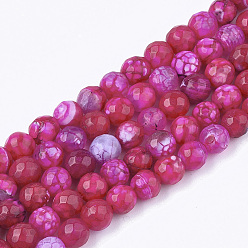 Fuchsia Natural Crackle Agate Beads Strands, Dyed, Faceted, Round, Fuchsia, 6mm, Hole: 1mm, about 63pcs/strand, 14.5 inch