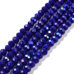 Blue Electroplate Opaque Solid Color Glass Beads Strands, Half Rainbow Plated, Faceted, Rondelle, Blue, 10x8mm, Hole: 1mm, about 63~65pcs/strand, 19.2~20 inch(48~50cm)