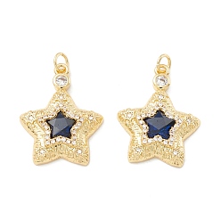 Real 18K Gold Plated Rack Plating Brass Micro Pave Clear & Midnight Blue Cubic Zirconia Pendants, Cadmium Free & Nickel Free & Lead Free, Star, Real 18K Gold Plated, 21.5x17x4mm, Hole: 2.8mm