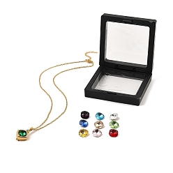 Mixed Color Golden 304 Stainless Steel Rhombus Pendant Necklace, with Interchangeable 9Pcs Birthstone Color Style Cubic Zirconia Charms, Mixed Color, 17.72 inch(45cm)