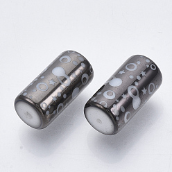 Gray Electroplate Glass Beads, Column with Dot and Star Pattern, Gray, 20x10mm, Hole: 1.2mm, about 50pcs/bag