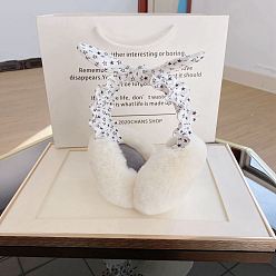 Blanc Cache-oreilles bandeau pliable en laine pour femmes, cache-oreilles d'hiver en plein air, avec nœud papillon en coton motif ciel étoilé, blanc, 150mm
