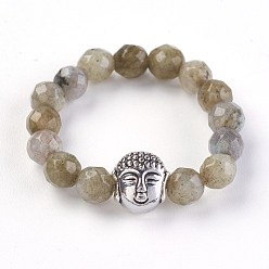 Labradorite Natural Labradorite Stretch Rings, with Alloy Buddha Beads, Faceted, Round, Antique Silver, Size 8, 18mm