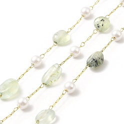 Prehnite Ion Plating(IP) 316 Surgical Stainless Steel Paperclip Chains, with Natural Prehnite Nuggets Beads and Glass Beads, Soldered, Real 18K Gold Plated, with Spool, Link: 3x1x0.3mm, Glass: 3~4.5mm, Gemstone: 6~10x4~9.5x4~7mm