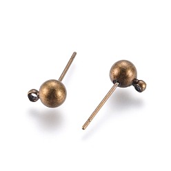 Antique Bronze Brass Ball Post Ear Studs, with Loop, Antique Bronze, 15.2~15.7x5mm, Hole: 1mm, Pin: 0.7mm