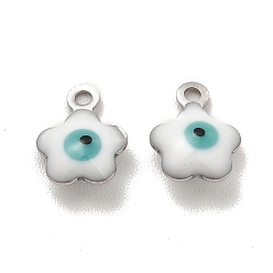 White 304 Stainless Steel Enamel Charms, Flower with Evil Eye Charm, Stainless Steel Color, White, 8.5x6.5x2.5mm, Hole: 1mm