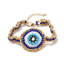 Golden Glass Seed Braided Evil Eye Link Bracelet for Women, Golden, 7-1/4 inch(18.5cm)