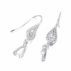 Platinum Rhodium Plated 925 Sterling Silver Earring Findings, with Micro Pave Cubic Zirconia, Bar Links and Ice Pick Pinch Bail, Teardrop, Platinum, 27.5mm, 20 Gauge, Pin: 0.8mm