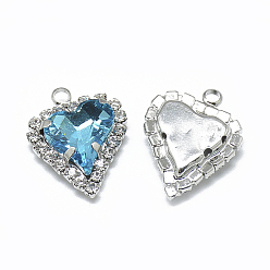 Aquamarine Glass Rhinestone Pendants, with Platinum Tone Brass Findings, Heart, Aquamarine, 21x16.5x6mm, Hole: 2mm