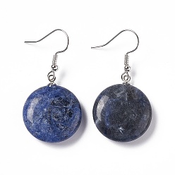 Sodalite Natural Sodalite Flat Round Dangle Earrings, Platinum Brass Jewelry for Women, 42mm, Pin: 0.7mm