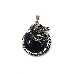 Blue Goldstone Synthetic Blue Goldstone Pendants, Flat Round Charms with Skeleton, with Antique Silver Plated Metal Findings, 40x35mm