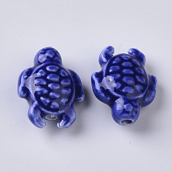 Bleu Perles en porcelaine manuelles, style de porcelaine émaillée lumineux, tortue, bleu, 19x15x8.5mm, Trou: 2mm