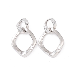 Platine Boucles d'oreilles pendantes en forme de losange à double torsion avec zircone cubique transparente, bijoux en laiton pour femmes, platine, 32mm, pin: 0.7 mm