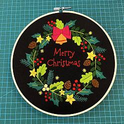 Christmas Wreath DIY Christmas Theme Embroidery Kits, Including Printed Cotton Fabric, Embroidery Thread & Needles, Plastic Embroidery Hoop, Christmas Wreath, 275x275mm