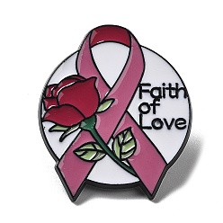 June Rose Broche en alliage de zinc noir, Épingles en émail pour femmes, ruban de sensibilisation rose au cancer du sein d'octobre, rose de juin, 29x24.5x1.5mm