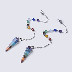 Mixed Stone Chakra Jewelry, Natural Gemstone Hexagonal Pointed Dowsing Pendulums, with Brass Chains, Platinum, 240~245mm, Hole: 1.6mm, Bead: 6~8mm, Pendant: 14x44mm