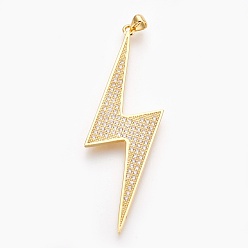 Real 18K Gold Plated Brass Micro Pave Cubic Zirconia Big Pendants, Lead Free & Cadmium Free & Nickel Free, Long-Lasting Plated, Lightning Bolt, Clear, Real 18K Gold Plated, 68x18.5x2mm, Hole: 3x3.5mm