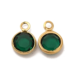 Sea Green Ion Plating(IP) 304 Stainless Steel with Glass Charms, Real 18K Gold Plated, Faceted Flat Round, Sea Green, 9.5x6.5x2mm, Hole: 1.5mm