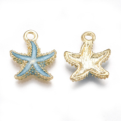 Sky Blue Alloy Enamel Pendants, Starfish/Sea Stars, Light Gold, Sky Blue, 17.5x14.5x2.5mm, Hole: 2mm