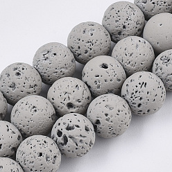 Gris Brins de perles de pierre de lave naturelle peintes à la bombe, ronde, grises , 6~7mm, Trou: 0.7mm, Environ 59~62 pcs/chapelet, 15.75 pouce (40 cm)