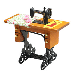 Flower Retro Wood & Metal Mini Sewing Machine, for Miniature Doll Home Decoration, Flower Pattern, 35x80x80mm