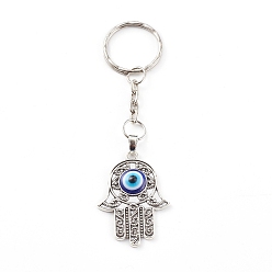 Antique Silver Alloy Enamel Keychain, with Iron Split Key Rings, Hamsa Hand with Evil Eye, Blue, Antique Silver, 10.1cm