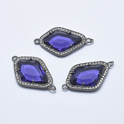 Mauve Brass Micro Pave Cubic Zirconia Links, with Glass, Faceted, Rhombus, Gunmetal, Mauve, 33x20x5mm, Hole: 1.6mm