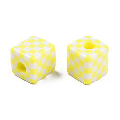 Желтый Непрозрачная смола европейский бисер, бусины с большим отверстием, куб с рисунком тартана, желтые, 15.5x15.5x16 мм, отверстие : 6 мм