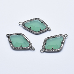 Pale Turquoise Brass Micro Pave Cubic Zirconia Links, with Glass, Faceted, Rhombus, Gunmetal, Pale Turquoise, 33x20x5mm, Hole: 1.6mm