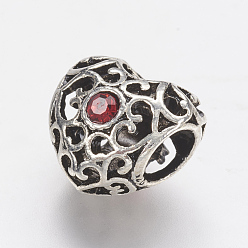 Red Tibetan Style Alloy Rhinestone European Beads, Large Hole Beads, Hollow Heart, Antique Silver, Red, 12x12.5x9.5mm, Hole: 5mm