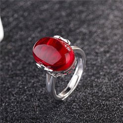 Ruby Oval Synthetic Ruby Adjustable Ring, Platinum Brass Jewelry for Women, Inner Diameter: 16mm