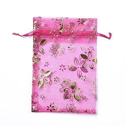 Fuchsia Organza Drawstring Jewelry Pouches, Wedding Party Gift Bags, Rectangle with Gold Stamping Flower Pattern, Fuchsia, 15x10x0.11cm