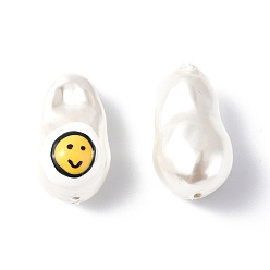 White Shell Enamel Beads, Oval with Smiling Face, White, 21~21.5x12.5~13x12mm, Hole: 1~1.2mm