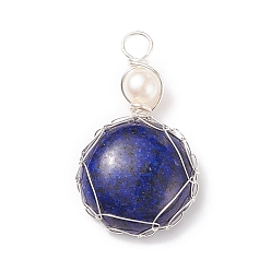 Lapis Lazuli Natural Dyed Lapis Lazuli Pendants, with Silver Tone Copper Wire and Natural Cultured Freshwater Pearl, Flat Round Charm, 34~37x21~22x7~8mm, Hole: 4~4.5mm