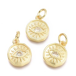 White Brass Micro Pave Cubic Zirconia Pendants, with Jump Ring, Flat Round with Eye, Real 18K Gold Plated, White, 12x10x2mm, Jump Rings: 5x0.8mm, Inner Diameter: 3mm