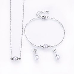 Couleur Acier Inoxydable 304 définit bijoux en acier inoxydable, colliers, boucles d'oreilles et bracelets, avec des perles acryliques, couleur inox, 16.54 pouce (42 cm), 7-1/8 pouce (18 cm), 20x8mm, pin: 0.8 mm
