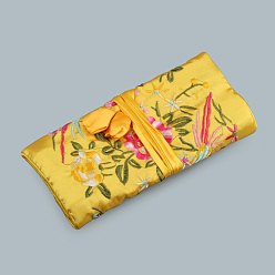 Золотистый Прямоугольные шелковые пакеты на молнии в стиле ретро, сумки для хранения ювелирных изделий с вышивкой и цветами с веревкой на шнурке, золотые, 20x9 см, открытый: 27x20 см