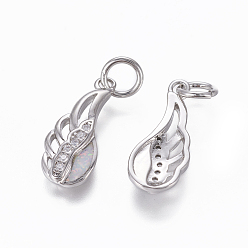 White Brass Cubic Zirconia Pendants, with Synthetic Opal, Wing, Platinum, White, 18.5x8x2.5mm, Hole: 4mm