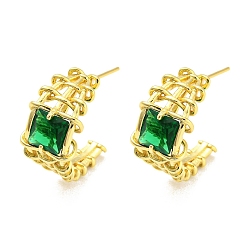 Dark Green Glass Square Stud Earrings, Rack Plating Real 18K Gold Plated Brass Split Earrings, Long-Lasting Plated, Lead Free & Cadmium Free, Dark Green, 20x10mm
