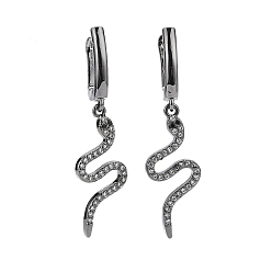Черный Цвет Металла Серьги-кольца со змеей из прозрачного кубического циркония, латунные ювелирные серьги для женщин, металлический черный , 46 мм, Кулон : 29.5x12x2.5 мм, штифты : 1.1 мм