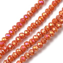 Coral Electroplate Glass Beads Strands, Full Rainbow Plated, Faceted, Rondelle, Coral, 3x2mm, Hole: 0.8~1mm, about 185~190pcs/strand, 15.5~16 inch(39.3~40.6cm)