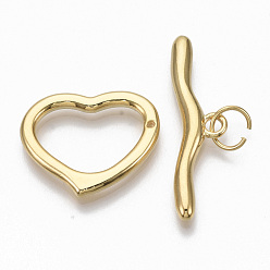 Real 18K Gold Plated Brass Toggle Clasps, with Jump Rings, for DIY Jewelry Making, Heart, Nickel Free, Real 18K Gold Plated, Heart: 19.5x24x2.5mm, Hole: 1mm, Bar: 35x9.5x3.5mm, hole: 2mm, Jump Ring: 8x1mm, Inner Diameter: 6mm