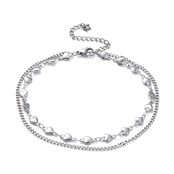 Stainless Steel Color 304 Stainless Steel Multi-Strand Anklets, with Lobster Claw Clasps, Heart, Stainless Steel Color, 9-1/4 inch(23.4cm)