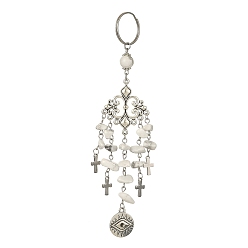 Howlite Porte-clés rond plat avec pendentif en alliage pour les yeux, avec des perles de howlite naturelles et des breloques croisées, pour les femmes sac clé de voiture pendentif décoration, 15.2x2.9 cm