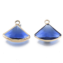 Royal Blue Transparent Glass Pendants, with Light Gold Plated Brass Findings, Faceted, Fan, Royal Blue, 16~17x19x6mm, Hole: 2mm