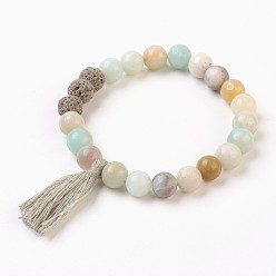 Flower Amazonite Natural Flower Amazonite and Lava Rock(Dyed) Beads Stretch Charm Bracelets, with Tassels, Beige, 2 inch(5cm), Tassels: 34x12mm