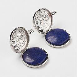 Lapis Lazuli Natural Lapis Lazuli Pendants, with Brass Diffuser Locket Findings, Flat Round with Tree, 31x25x8mm, Hole: 4mm