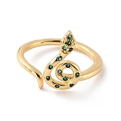 Green Spiral Snake Cubic Zirconia Cuff Rings, Real 18K Gold Plated Open Ring, Cadmium Free & Lead Free, Green, US Size 6 1/2(16.9mm)
