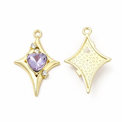 Lilac Rack Plating Alloy with Glass Pendants, Star with Heart Charms, Light Gold, Cadmium Free & Nickel Free & Lead Free, Lilac, 30.5x19.5x5mm, Hole: 1.8mm